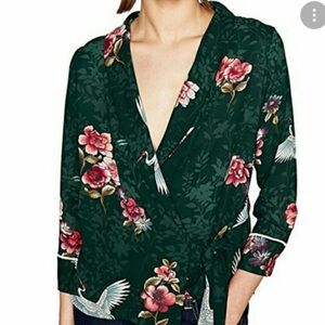 Zara Dark Green Floral Wrap Blouse with Pink Accents